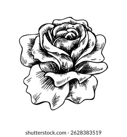 A gorgeous bud of an open rose with large petals. Graphic line art hand drawn ink black and white illustration vector clip art. Isolated object flower