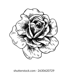 A gorgeous bud of an open rose with large petals. Graphic line art hand drawn ink black and white illustration vector clip art. Isolated object flower