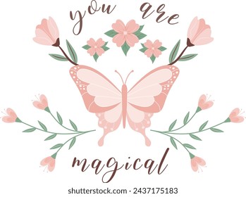 Gorgeous butterfly vector art displaying a butterfly in vibrant colors, fluttering gracefully amidst flowers and foliage.