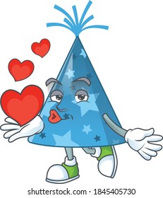 A gorgeous caricature design of blue party hat with red hearts. Vector illustration