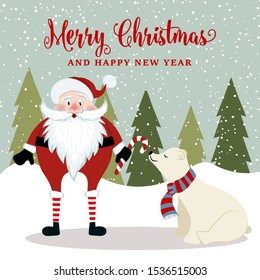 Gorgeous Christmas card with Santa and polar bear . Christmas poster. Vector