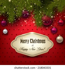 Gorgeous Christmas gift card with  Christmas baubles. Vector illustration.