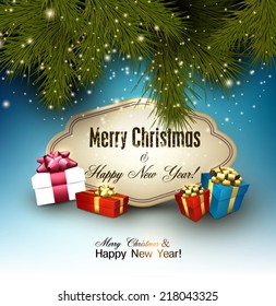 Gorgeous Christmas gift card with ribbon and Christmas gift boxes. Vector illustration.
