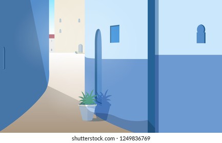 Gorgeous cityscape with Moroccan street with building walls, doors and outdoor plants growing in pots. Beautiful view of Marrakesh in sunny summer day. Colorful vector illustration in flat style.