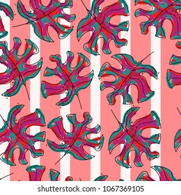 Gorgeous and colorful hand drawn hawaiian tropical leaves  and flowers  retro style seamless pattern vector