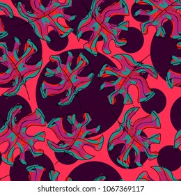 Gorgeous and colorful hand drawn hawaiian tropical leaves  and flowers  retro style seamless pattern vector