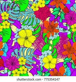 Gorgeous and colorful hand drawn hawaiian tropical leaves and flowers seamless pattern vector