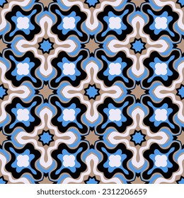 Magnífico y colorido patrón impecable. Los formularios de arte se agrupan y organizan en un orden específico. Imagen vectorial para impresión, textil, embalaje, diseño interior y otros proyectos.