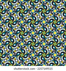 Herrliche farbenfrohe, nahtlose Muster. Überlappende Kunstformen, Streifen, Polygone, Segmente sind in einer bestimmten Reihenfolge gruppiert und angeordnet. Vektorgrafik. 