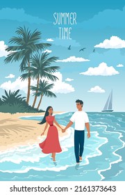 Gorgeous couple walking along the beach. Romantic summer vector illustration