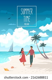 Gorgeous couple walking along the beach. Romantic summer vector illustration