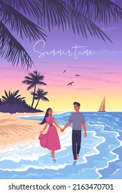 Gorgeous couple walking along the beach. Romantic summer vector illustration