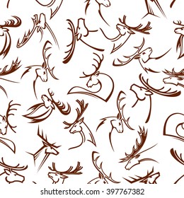 Gorgeous deers heads seamless pattern of reindeers and elks, white tailed deers, mooses and fallow deers with powerful antlers