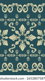 Lindo Delicado Marfim Boêmio Damasco Estilo Floral Listrado em Fundo Verde Profundo. Ornamento delicado para luxuoso oriental rico design para seda interior tece bordados artesanato bonito Batik 