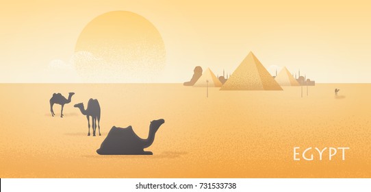 Gorgeous Egypt desert landscape with silhouettes of camels standing and lying against Giza pyramid complex, statue of Great Sphinx and large scorching sun on background. Colorful vector illustration.