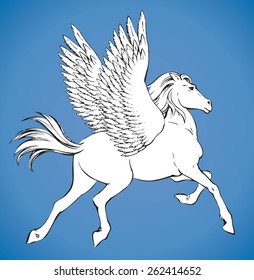Gorgeous elegant pride white Pegasus with long tail and outspread large wings. Vector monochrome freehand ink drawn background sketchy in art scribble antique style pen on paper with space for text