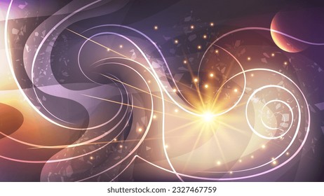 Magnífico papel tapiz de fantasía. Composición abstracta de líneas giratorias, ráfaga de energía, luces, meteoritos, mezcla de colores, formas onduladas traslúcidas. Vector.
