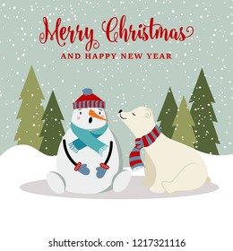 Gorgeous flat design Christmas card with snowman and polar bear . Christmas poster. Vector