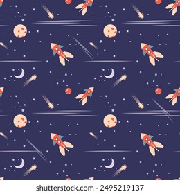 Gorgeous flat space seamless pattern. Starships rockets in dark blue space among stars, comets, nebulae, planets and moon. Template for your projects. Vector.