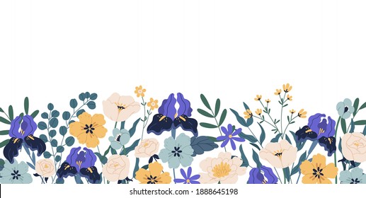 Gorgeous floral backdrop with border of blooming flowers and leaves. Design of horizontal banner with elegant irises and roses isolated on white background. Colorful flat vector illustration