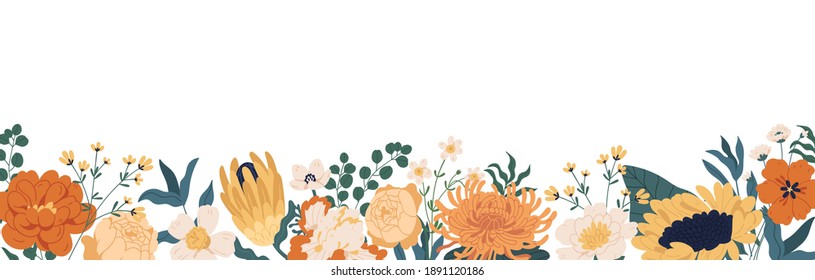 Gorgeous Floral Backdrop With Border Of Blooming Autumn Flowers And Leaves. Design Of Horizontal Banner With Elegant Fall Plants Isolated On White Background. Colorful Flat Vector Illustration