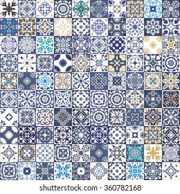 Gorgeous floral patchwork design. Moroccan or Mediterranean square tiles, tribal ornaments. For wallpaper print, pattern fills, background, surface textures. Indigo blue white teal aqua. seamless.