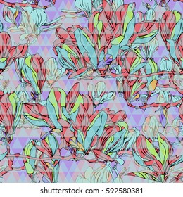 Gorgeous floral pattern vector graphic flowers on a geometric background. Excellent blossom floral background. Artistic design magnolias blossom on a branch floral design.