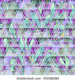 Gorgeous floral pattern vector graphic flowers on a geometric background. Excellent blossom floral background. Artistic design magnolias blossom on a branch floral design.