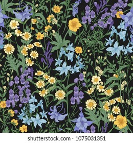 Gorgeous floral pattern with wild blooming flowers and meadow flowering plants on black background. Beautiful backdrop with wildflowers. Elegant vector illustration for wrapping paper, wallpaper