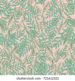 Gorgeous floral seamless pattern with acacia inflorescences and leaves. Tender blooming white flowers on pink background. Botanical vector illustration in art deco style for textile print, wallpaper.