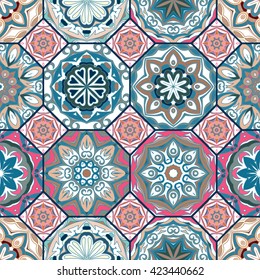 Gorgeous floral tile design. Moroccan or Mediterranean octagon tiles, tribal ornaments. For wallpaper print, pattern fills, web page background, surface textures. Blue pink beige tone.