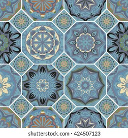 Gorgeous floral tile design. Moroccan or Mediterranean octagon tiles, tribal ornaments. For wallpaper print, pattern fills, web page background, surface textures. Pastel blue gray tone