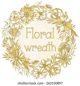 Gorgeous Floral wreath. Illustration of highly detailed vector image of gorgeous gold wreath woven from cute petals and beautiful flowers