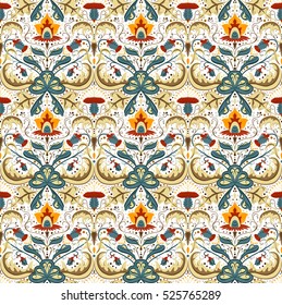 Gorgeous flower pattern vector image with small details ornament. Red, yellow, sea blue flowers with brown leafs for linens and home textile design. White background. 