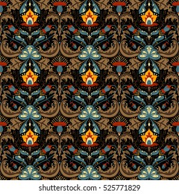 Gorgeous flower pattern vector image with small details ornament. Black background. Red, yellow, sea blue flowers with brown leafs for linens and home textile design. Dark blue, dark red  art work.