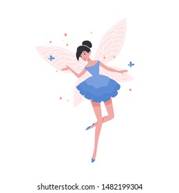 Gorgeous flying fairy or ballerina in elegant dress and with butterfly wings isolated on white background. Fairytale creature, magical character from folklore. Flat cartoon vector illustration.