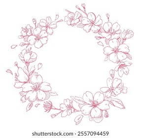 Gorgeous frame of cherry blossoms spring vector material pink line drawing plant decoration