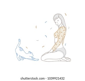 Gorgeous girl dressed in panties and long sleeved crop top sitting on floor and cat hand drawn with contour lines on white background. Young beautiful woman and her pet animal. Vector illustration.