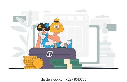 Gorgeous girl rerzhit in her hand a bag with taxes. Graphic illustration on the theme of tax payments.