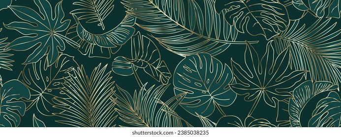 Magnífico vector de la naturaleza del oro y el fondo verde. Patrón floral, planta de palmera con dorado, hojas de plátano con arbustos lineales de plantas de monstera, ilustración vectorial.