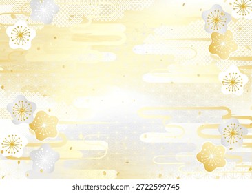 Eine wunderschöne Illustration auf goldenem und silbernem Hintergrund, die Pflaumenblüten und verschiedene traditionelle japanische Muster kombiniert