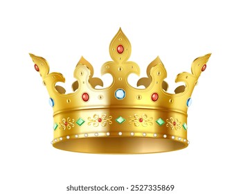 Gorgeous golden crown with colorful gemstones realistic vector illustration. Symbol of opulence and wealth 3d object on white background