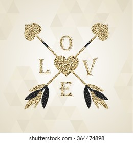 Gorgeous golden cupid arrows with valentine heart. Glitter background, ethnic style. Gold texture for web page, banner, t-shirt, party invitation, greeting card, romantic decor, and more. Vector