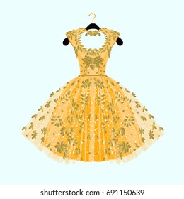 Gorgeous golden dress. Party dress with fancy decor.Fashion illustration