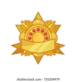 Gorgeous golden reward medal or badge decorated with red stones and ribbon in flat style