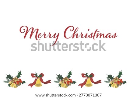 Gorgeous green ribbon and two bells bottom border landscape Christmas card template