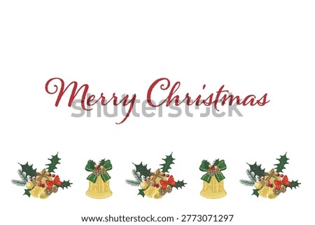 Gorgeous green striped ribbon and two bells bottom border landscape Christmas card template