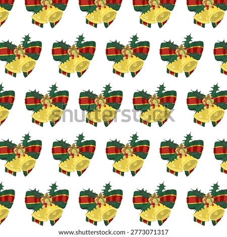 Gorgeous green striped ribbon two bells and holly seamless pattern transparent