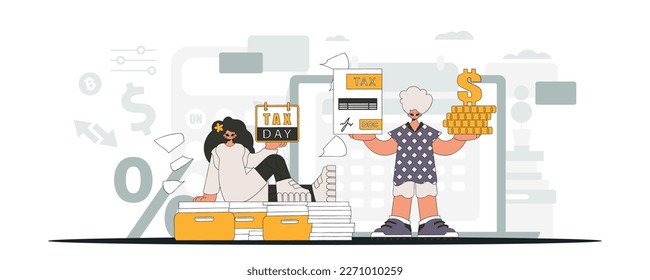 Gorgeous guy and girl demonstrate paying taxes. An illustration demonstrating the importance of paying taxes for economic development.