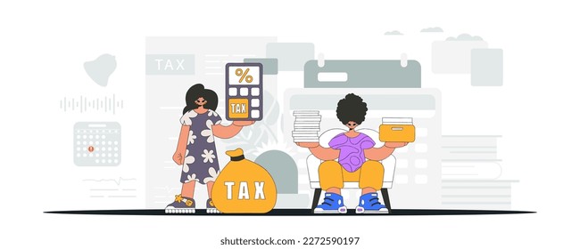 Gorgeous guy and girl demonstrate paying taxes. Graphic illustration on the theme of tax payments.